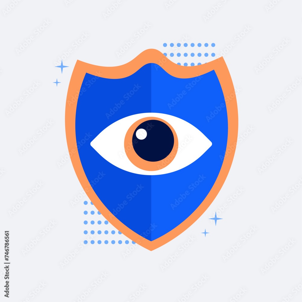Obraz premium Shield with eyes. Cyber security surveillance protection shield. Vector illustration
