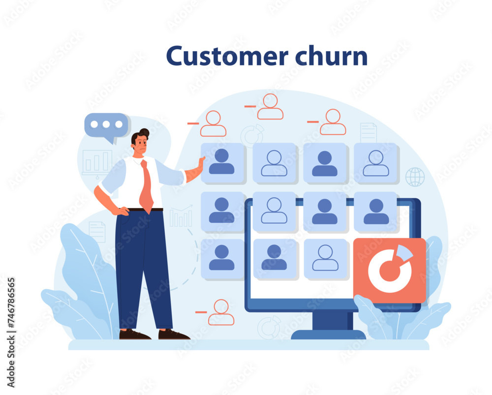 Professional analyzing customer churn on a digital screen. Professional analyzing customer churn on a digital screen.