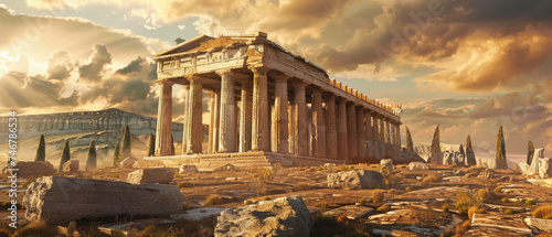 Ancient temple on dramatic sky background, old building in Greece at sunset, panoramic view of classical Greek or Roman ruins and rocks. Theme of antique, civilization, travel photo