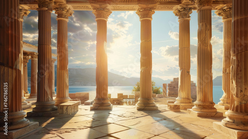 Columns of Ancient temple against sun, inside old building in Greece at sunset, classical Greek or Roman ruins overlooking sea. Theme of antique, civilization, travel