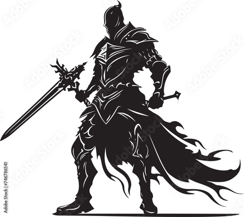 Vigilant Valor Vector Black Logo Featuring Knight Soldier Raised Sword Courageous Knight Black Logo Design with Knight Soldiers Raised Sword in Vector