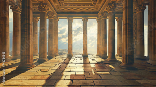 Columns inside Ancient temple, interior of old building in Greece, hall of classical Greek or Roman house overlooking sky. Theme of antique, civilization, travel, religion © scaliger