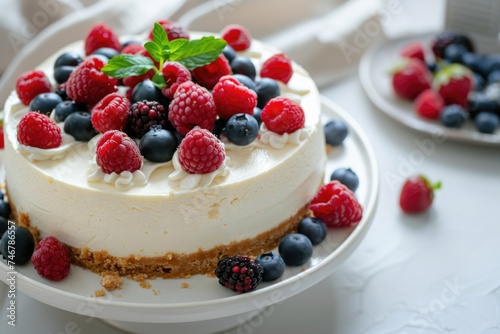 A close-up view of a delicious cheesecake with a crispy base, topped with an assortment of fresh and colorful berries on a plate
