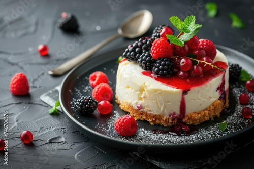 Rich and creamy cheesecake sits on a sleek black plate, topped with an array of vibrant, fresh berries creating a visually pleasing dessert