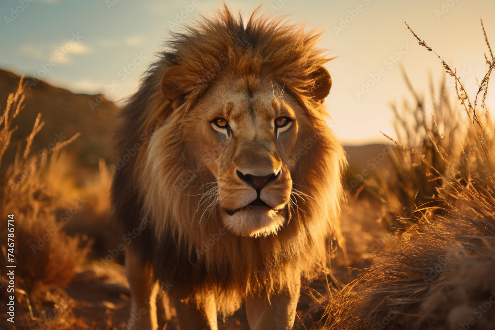 Lion in the wild during golden hour. Wildlife photography.