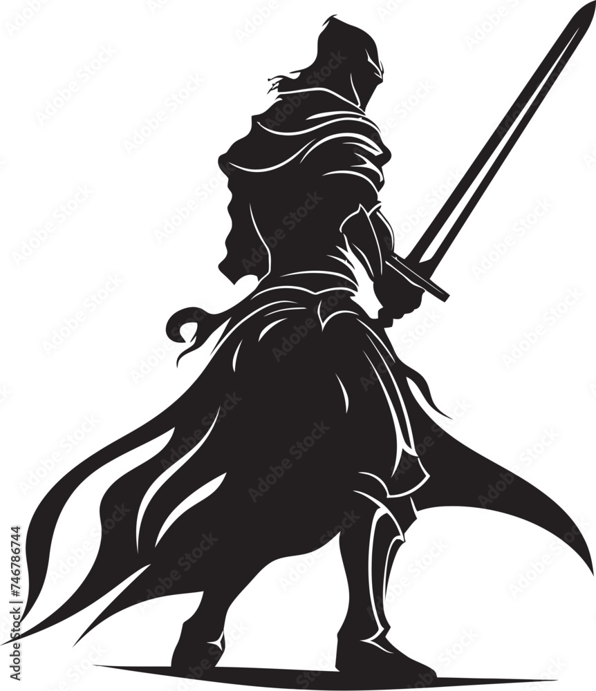 Chivalrous Defender Knight Soldier with Raised Sword Icon in Black Vector Graphic Sword of Valor Black Logo Featuring Knight Soldiers Raised Sword in Vector