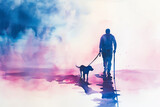 watercolor painting of blind man walking with a guide dog and cane, copy space, blue, purple pastel color