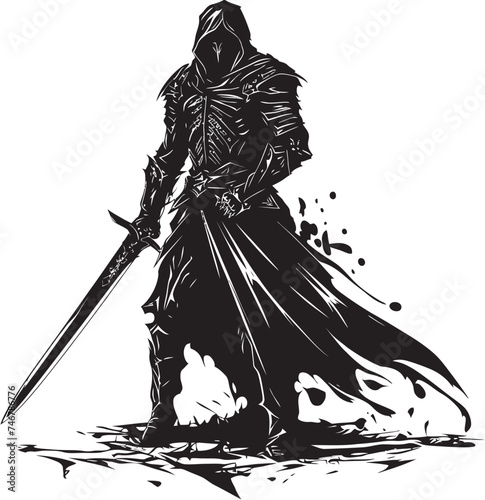 Vigilant Valor Vector Black Logo Featuring Knight Soldier Raised Sword Courageous Knight Black Logo Design with Knight Soldiers Raised Sword in Vector