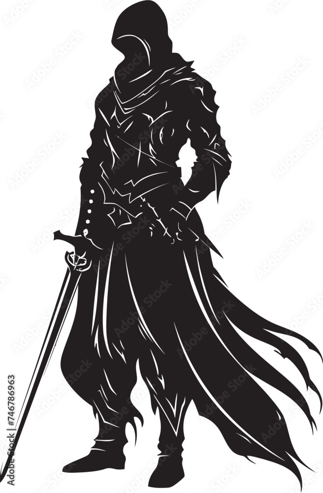Brave Sentinel Black Vector Logo of Knight Soldier Valiant Defender Knight Soldier Raised Sword in Black
