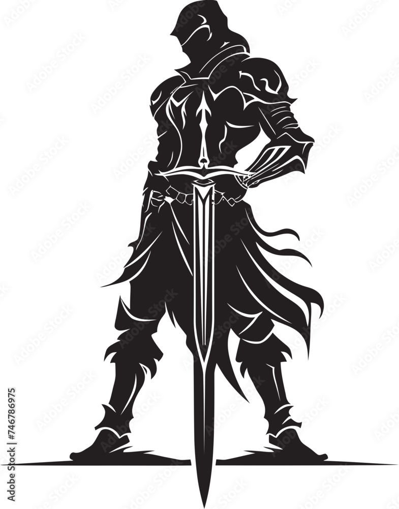 Honors Blade Black Vector Logo of Knight Soldier with Raised Sword Resolute Guardian Knight Soldier Raised Sword Emblem in Black