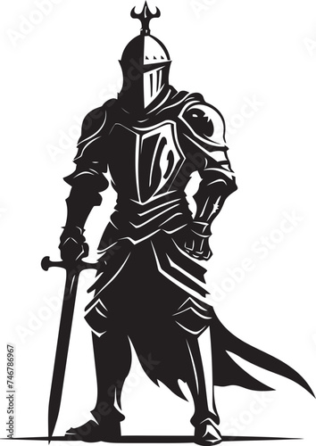 Courageous Knight Emblem of Knight Soldier with Raised Sword Steadfast Sentinel Black Vector Logo of Knight Soldier © BABBAN