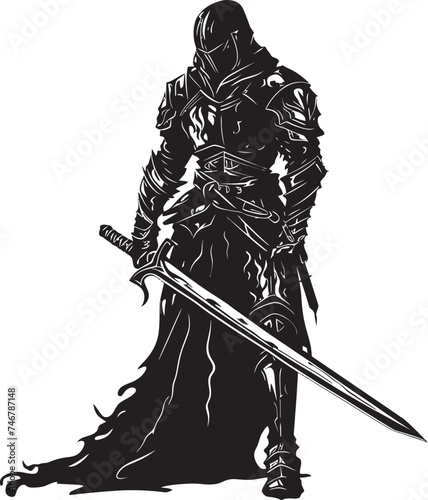 Courageous Knight Emblem of Knight Soldier with Raised Sword Steadfast Sentinel Black Vector Logo of Knight Soldier