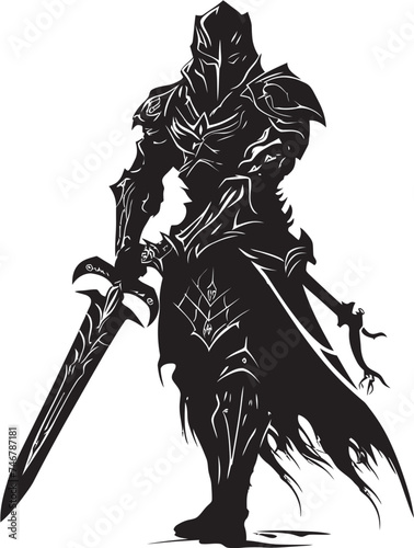 Gallant Warrior Vector Emblem of Knight Soldier with Sword Raised in Black Steadfast Sentinel Black Logo of Knight Soldier with Sword Aloft in Vector photo