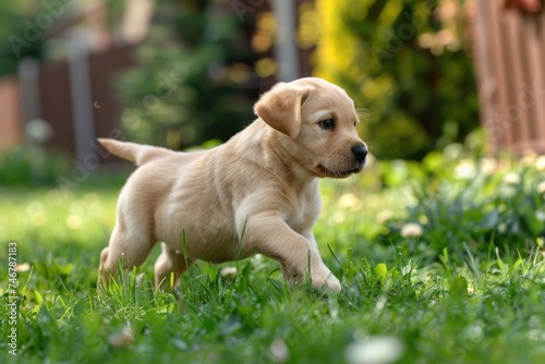 A lively ginger Labrador puppy with a wagging tail joyfully runs through the lush green grass in a spacious yard, exuding pure energy and happiness