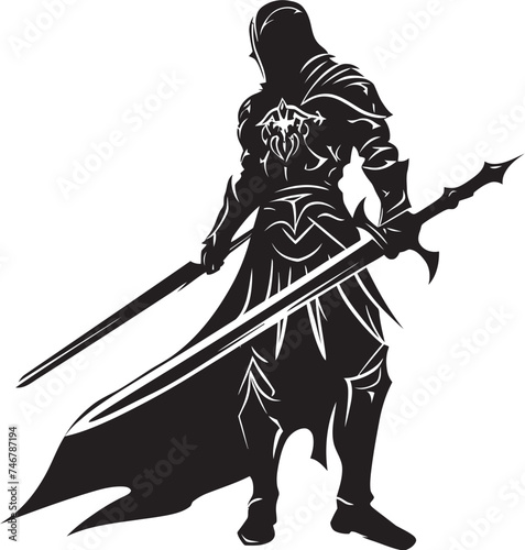 Gallant Guardian Vector Black Logo with Knight Soldier Icon Regal Warrior Emblem of Knight Soldier with Raised Sword photo