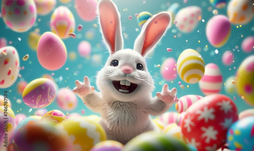 Illustration of a happy Easter bunny full of joy and excitement in 3D rendering. Happy easter background with animated bunny and easter eggs. Illustration of a happy Easter bunny full of joy and excitement in 3D rendering. Happy easter background with animated bunny and easter eggs.