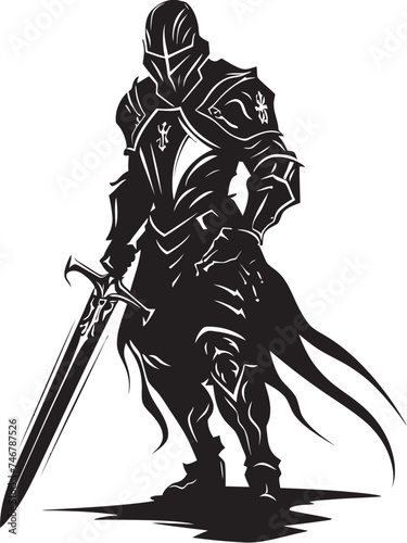 Chivalrous Knight Black Logo Design Featuring Knight Soldiers Raised Sword Virtuous Vigilante Vector Black Logo of Knight Soldier with Sword Raised High