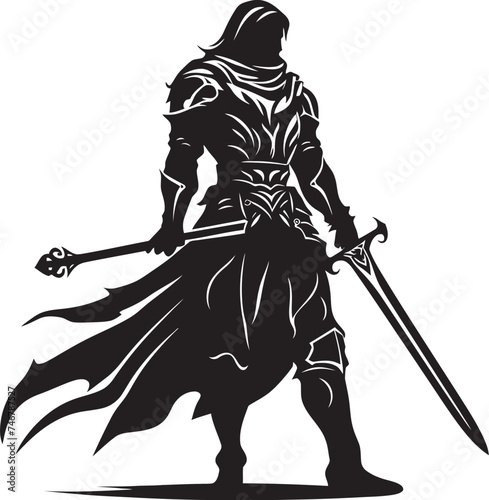 Knights Vigilance Vector Black Logo with Raised Sword Joyful Executive Black Vector Logo of Happy Businessman Stick Figure