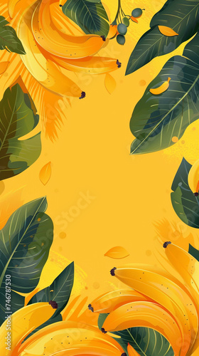 Yellow background decorated with fresh bananas with space for text