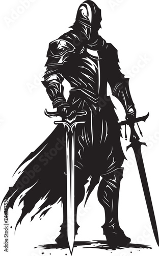 Virtuous Vigilante Vector Black Logo of Knight Soldier with Sword Raised High Courageous Guardian Black Logo of Knight Soldier with Sword Aloft in Vector