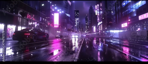 3d illustration futuristic cyberpunk city with neon night illumination effect. AI generated image © yusufadi