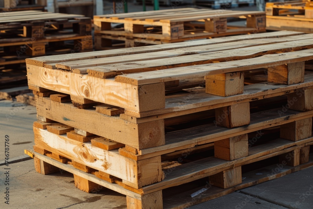 Several smooth new wooden pallets are skillfully stacked on top of each other near a warehouse, creating an interesting and visually appealing structure Several smooth new wooden pallets are skillfully stacked on top of each other near a warehouse, creating an interesting and visually appealing structure