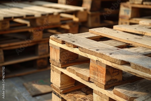 A group of smooth, new wooden pallets arranged in a towering stack near a warehouse, creating a structured and orderly display of timber