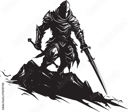 Stalwart Knight Black Logo Design Featuring Knight Soldiers Raised Sword Virtuous Vigilante Vector Emblem of Knight Soldier with Sword Raised in Black