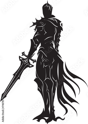 Virtuous Vigilante Knight Soldier Raised Sword Emblem in Black Noble Protector Black Logo Design Featuring Knight Soldiers Raised Sword