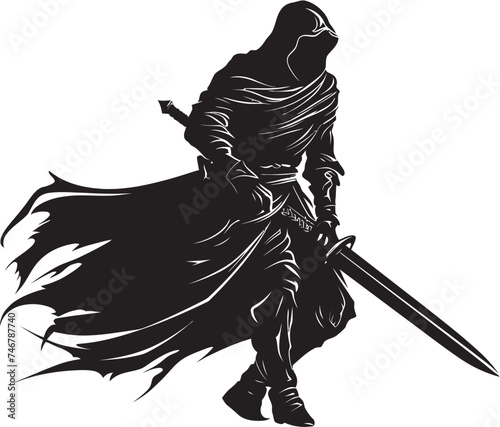 Gallant Warrior Black Vector Logo of Knight Soldier with Sword Raised High Virtuous Vigilante Knight Soldier Raised Sword Emblem in Black