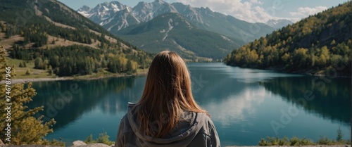Backview of girl on the mountain and lake background, Scenic nature on mountain nobody, travel photo, selective focus