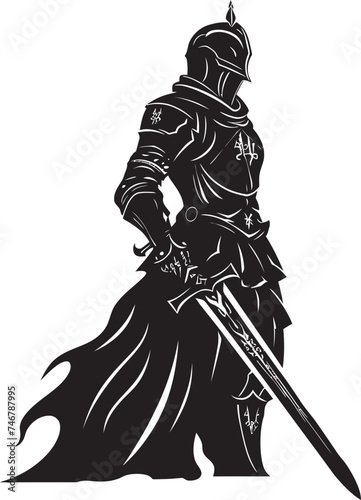 Defenders Legacy Knight Soldier Raised Sword Emblem in Black Graphic Noble Sentinel Vector Black Logo of Knight Soldier with Sword Aloft © BABBAN