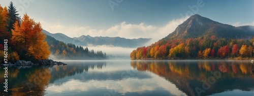 Colorful Autumn Season and Mountain with morning fog and colorful leaves at lake photo