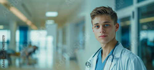 Joven médico vistiendo con bata blanca y portando sobre su cuello un estetoscopio, sobre fondo desenfocado del pasillo de un hospital