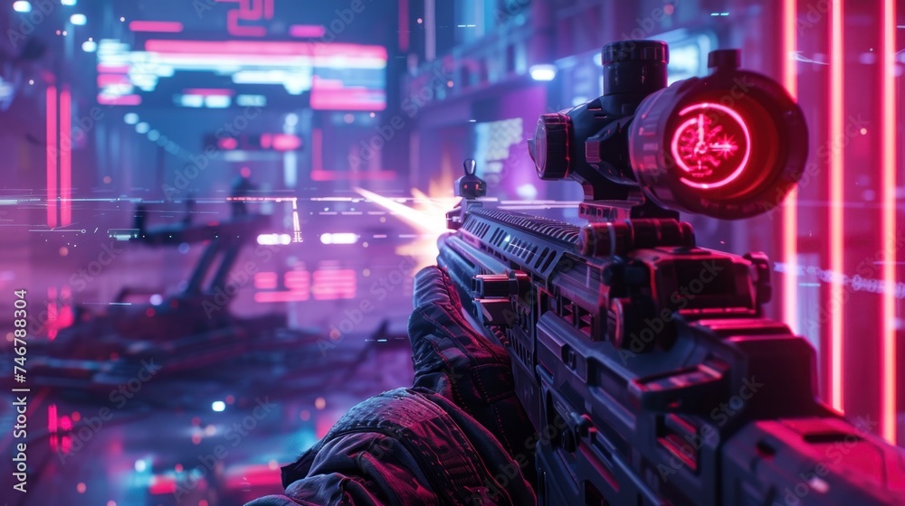 Shooting games with a futuristic first-person gun with neon lights in high resolution Shooting games with a futuristic first-person gun with neon lights in high resolution