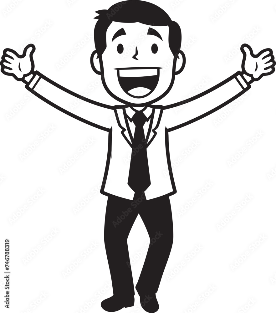Ecstatic CEO Crest Vector Black Logo Design of a Joyful Stick Figure Smiling Business Director Badge Caricature Stick Figure in Black Vector