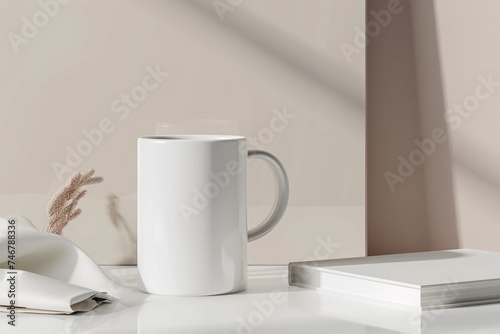 Ethereal Morning: A White Coffee Mug Whispers Secrets on a Majestic Table. Generative AI.