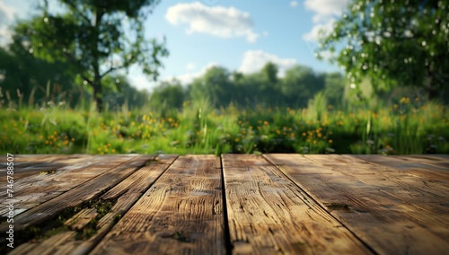 Sunny Meadow View: Wooden Platform, Green Grass, Wildflowers, Trees, Sky, Clouds
