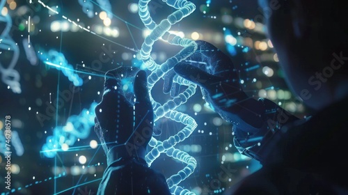 Doctor examines healthcare on a digital network using a holographic virtual screen interface displaying a blue helix DNA structure, representing the fusion of science, medical technology, and futurism