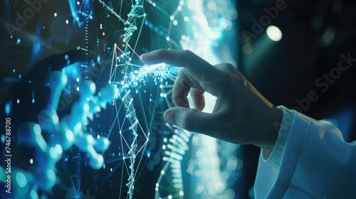 A medical doctor interacts with a global network, accessing electronic medical records and DNA strands on a virtual interface, symbolizing medical technology and innovation photo