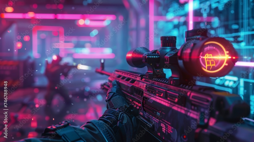 Shooting games with a futuristic first-person gun with neon lights in high resolution and high quality. video game concept Shooting games with a futuristic first-person gun with neon lights in high resolution and high quality. video game concept