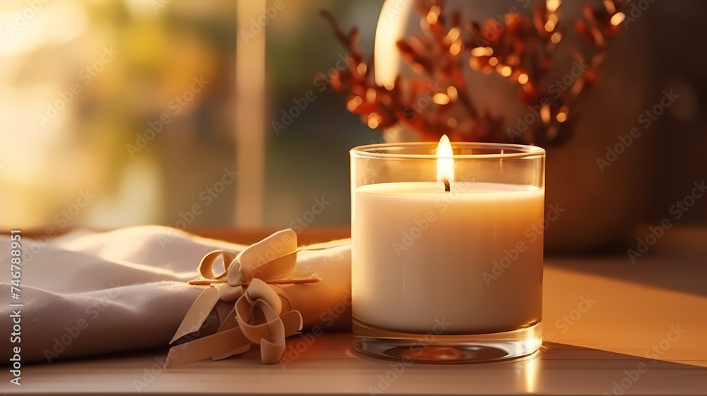 Scented candles on wooden table - obrazy, fototapety, plakaty 