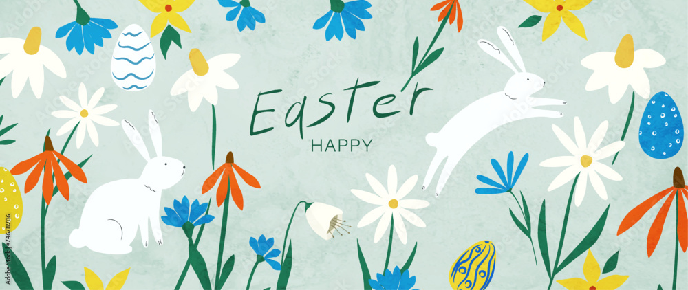Art background Happy Easter. Modern hand drawn pattern design for Easter holiday with Easter eggs, bunnies, spring flowers for banner design, greetings, invitations, cover