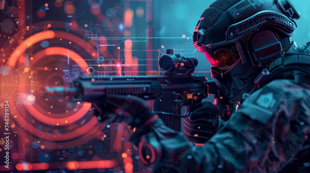 Shooting games with a futuristic first-person gun with neon lights in high resolution and high quality. shooting video game conceptShooting games with a futuristic first-person gun with neon 