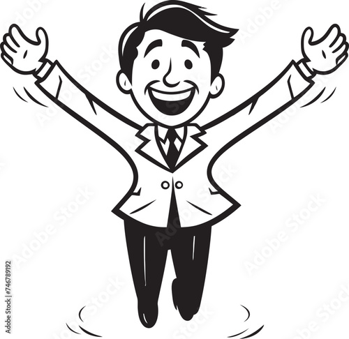 Jovial Corporate Leader Black Logo Design with Joyful Stick Figure Cheerful Business Mogul Vector Black Logo with Caricature Businessman