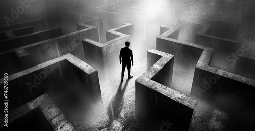 Man in a labyrinth Black and White Silhouette of a Businessman Walking Through a Mysterious Maze Journey of Solitude Exploration Challenge