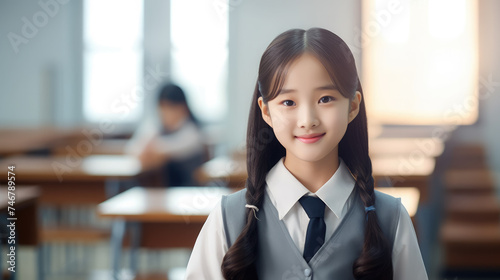 little korean schoolgirl in school class, cute asian girl, japanese, chinese, study, education, smart child, clever kid, children, knowledge, chalk board, portrait, people, person, black hair photo