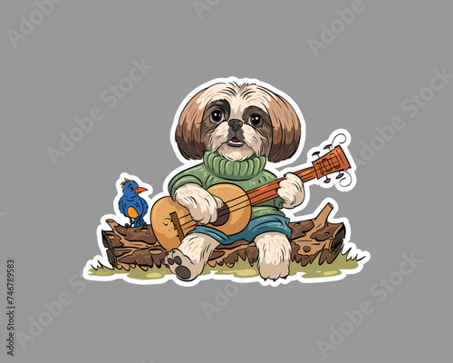 Shih tzu breed dog sits on a stump plays the guitar. Sticker style. Cute puppy portrait. Hand drawn vector illustration. 