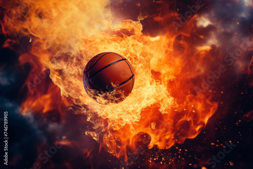 Basketball engulfed in flames on a dark background.
