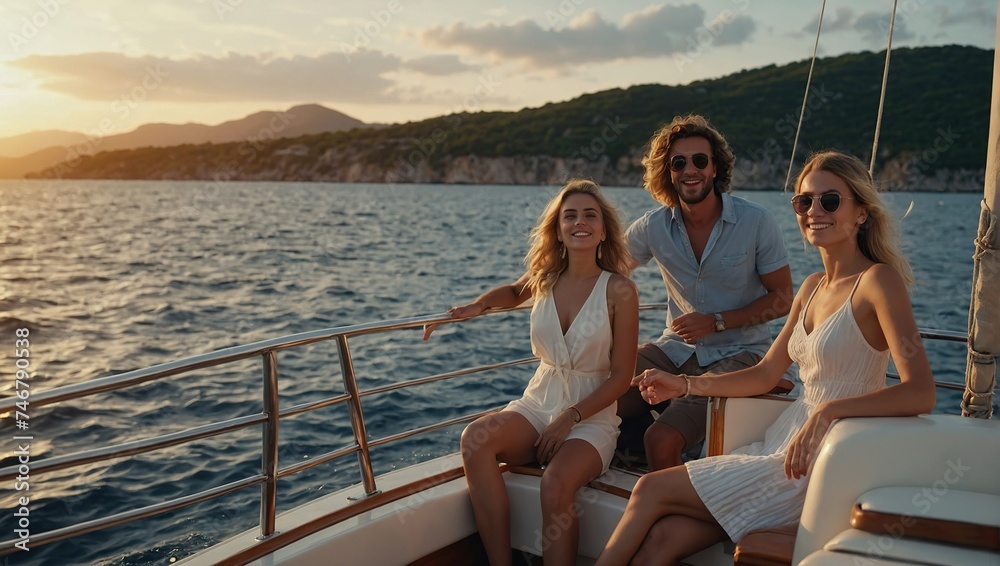 Group of friends having fun in luxury yach boat, Young men and women enjoy travel, vacation, travel on boat yacht sailing in sea, ocean at sunset on summer